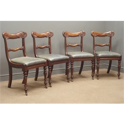  Set of four mahogany William IV chairs, carved and shaped cresting rail, upholstered seat, turned supports  