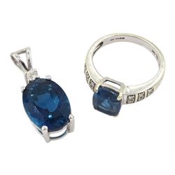 9ct gold London blue topaz ring, with diamond set shoulders and a similar 10ct white gold oval topaz and cubic zirconia pendant, stamped 10K