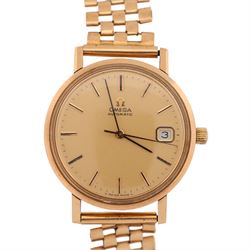 Omega gentleman's 9ct gold automatic wristwatch, gilt dial with baton hour markers and dat...