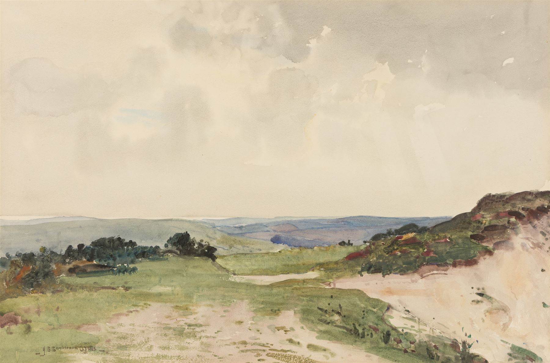 John Sanderson Wells (British 1872-1955): Upland Landscape, watercolour signed 32cm x 46cm