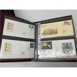 First day covers including Great British Queen Elizabeth II, many with printed addresses and special postmarks, housed in eight ring binder folders