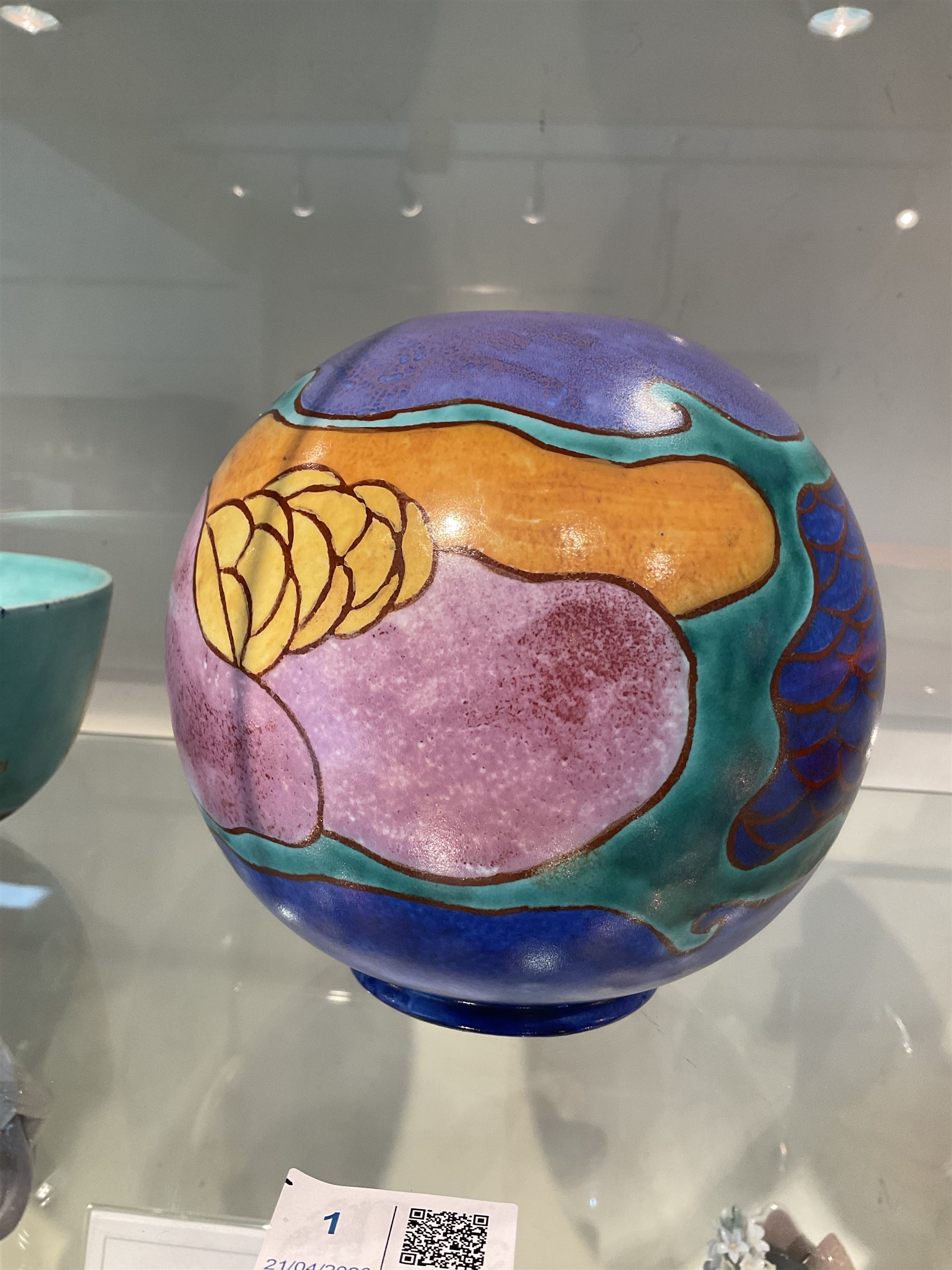 Clarice Cliff Bizarre for Newport Pottery Inspiration Tresco pattern vase, the body of shape 370 globe form painted in yellow, orange, pink, purple, green and blue with stylised island and sea related motifs such as scales and seaweed, with painted and impressed marks beneath, H15cm