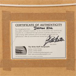 Ten signed Formula 1 photographs, comprising eight Damon Hill examples, Jenson Button and a Nigel Mansell example, nine with certificates of authenticity from Write Stuff Autographs, all framed, largest H47cm, W67cm