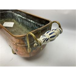 Copper planter of rectangular form with brass feet and twin handles, together with a brass mounted copper kettle, longest L54cm