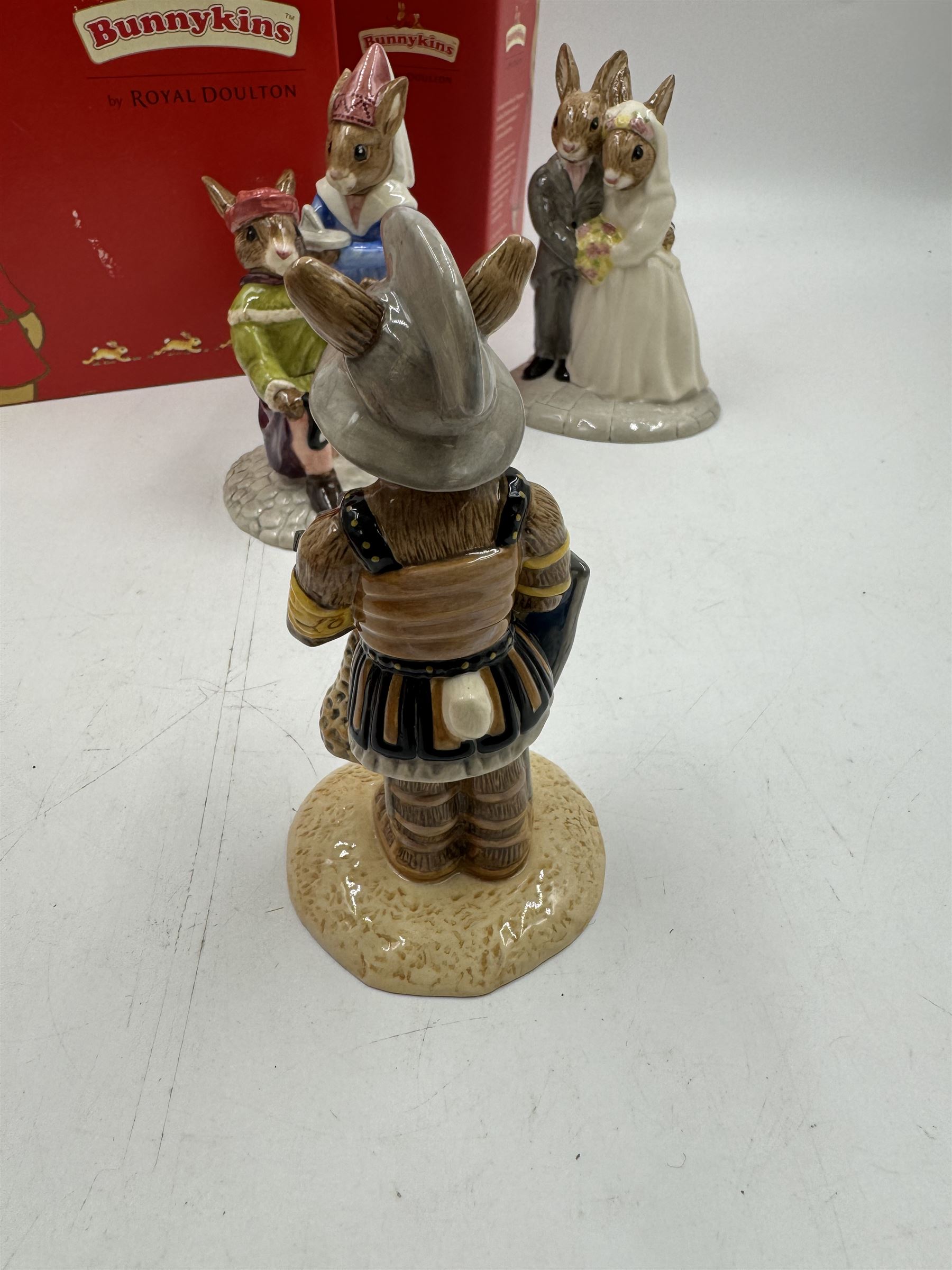 Five Royal Doulton Bunnykins comprising Sundial, Wedding Day, Gladiator, Romeo and Juliet 