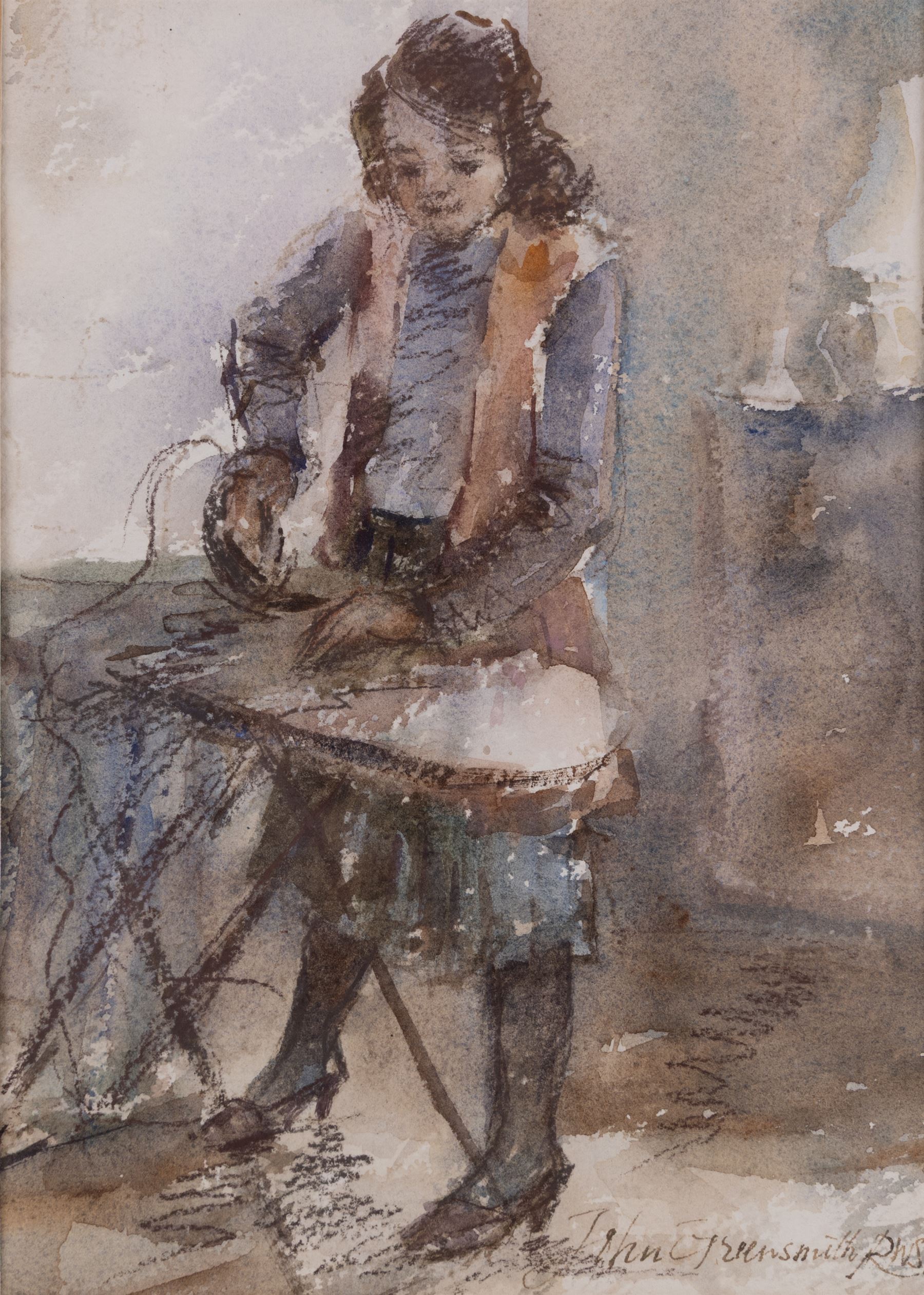 John Greensmith (British 1932-): Girl Ironing, watercolour and ink signed 24.5cm x 17cm 