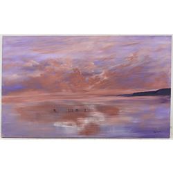 Alice Maw (British 1942-):  ‘Heavenly Sky - South Bay Scarborough’, acrylic on canvas signed, titled verso 92cm x 153cm (unframed)