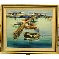 Oriental School (20th century): City Harbour, oil on canvas indistinctly signed, together with four smaller similar oils on board and a portrait of a gentleman, max 45cm x 54cm (6)