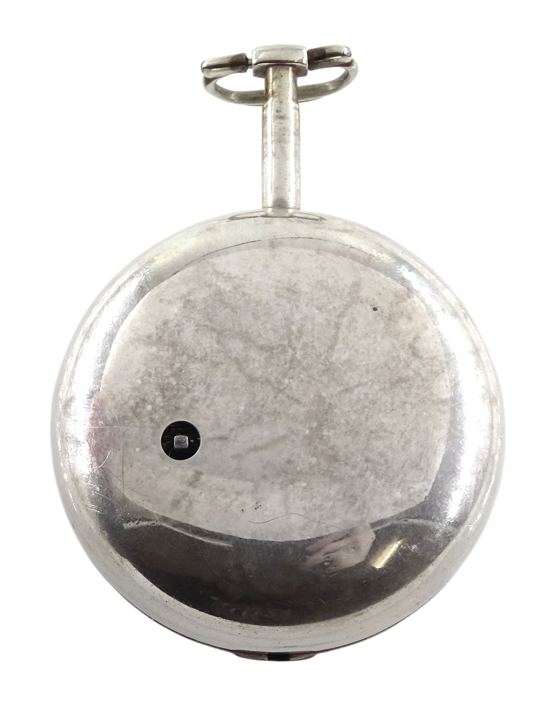 George III silver pair cased verge fusee pocket watch by Hollison, Liverpool, No. 2801, round pillars, pierced and engraved balance cock decorated with a classical urn, white enamel dial with Arabic numerals, bull's eye glass, case makers mark W H, Birmingham 1804