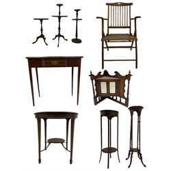 Edwardian mahogany plant stand, mahogany plant stand, two smokers stands, mahogany centre table, side table with drawer, hardwood folding chair, Edwardian mirror glazed corner cabinet and an occasional table (9)