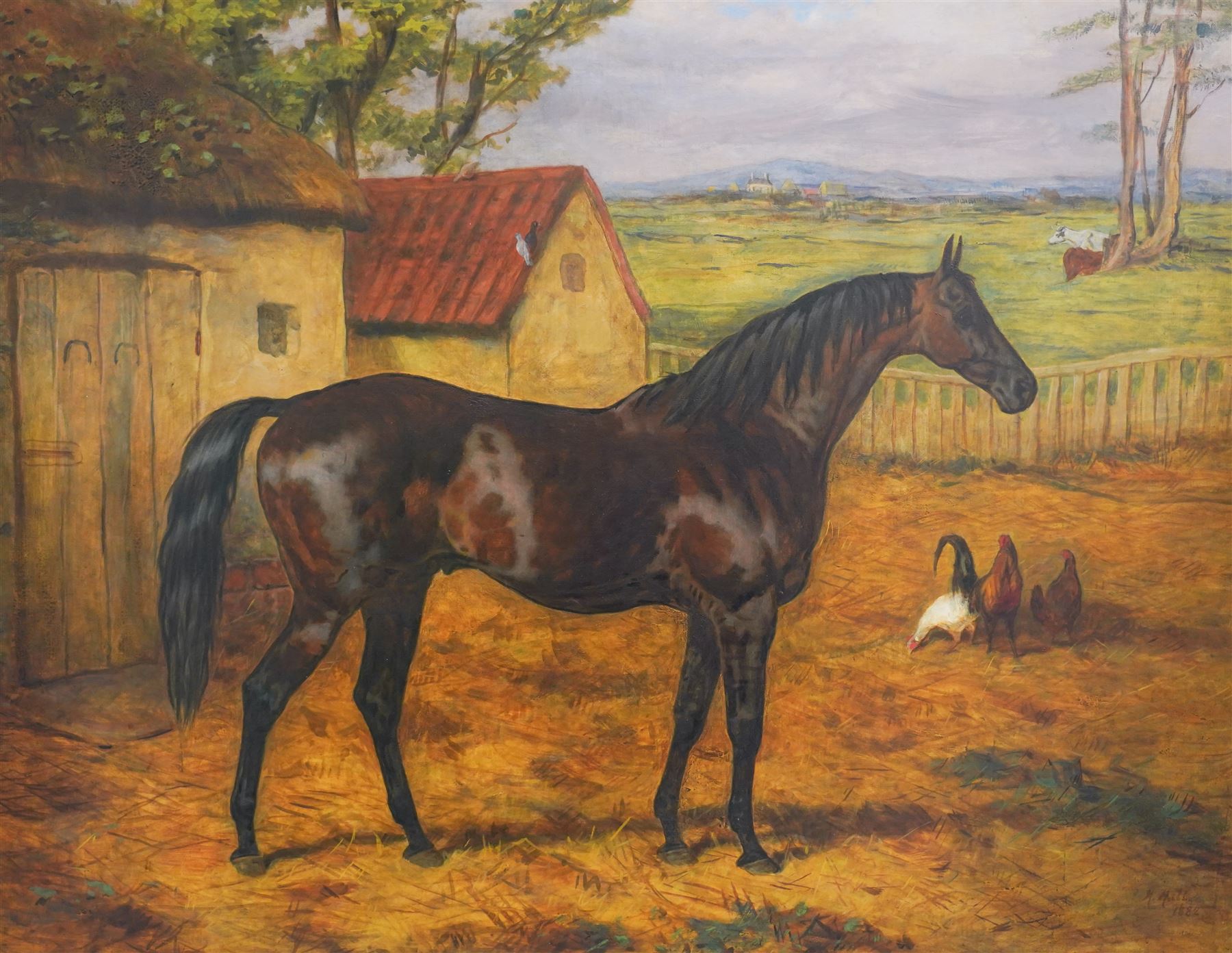Harry Hall (British 1815-1882): 'Adventurer' a Dark Bay Racehorse Standing in a Farmyard, oil on canvas signed and dated 1882, 70cm x 90cm
Notes: Adventurer was one of Newminster's sons and a well respected racehorse in the late 19th century; after retirement he became a successful stallion himself.