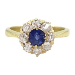 Early 20th century 18ct gold sapphire and old cut diamond cluster ring, total diamond weight approx 0.50 carat
