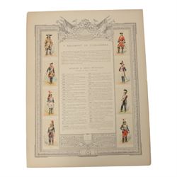 Five coloured French prints of the 4th, 5th, 6th & 13th Cuirassiers through history and the history of the 2nd Regt.de Dragons, H49cm