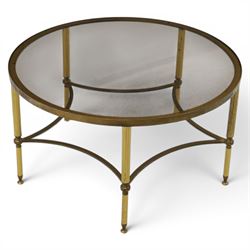 Regency style brass and glass circular table, smoked glass top mounted to a brass frame wi...
