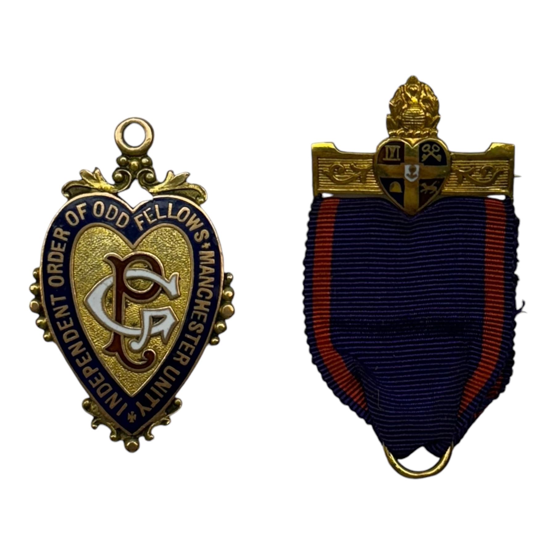 1930s 9ct gold enamelled Independent Order of Oddfellows Manchester Unity medal, with presentation engraving verso, hallmarked Stephen James Stanfield, London 1930, with purple and red ribbon suspending from 9ct gold bar, stamped 9ct, cased
