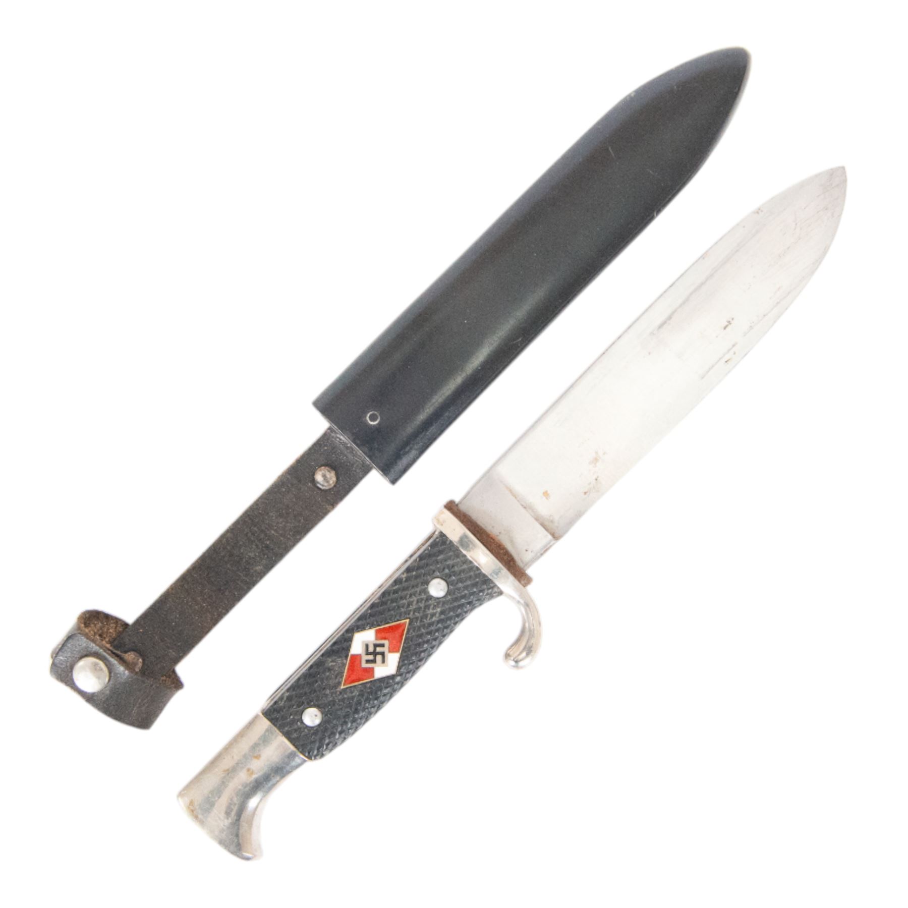 German Third Reich Hitler Youth style dagger, the 14cm blade with indistinct mark to the riccaso, with scabbard and leather, overall L25cm