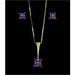 Pair of 9ct gold amethyst stud earrings and matching 9ct gold pendant, hallmarked on 14ct gold chain, stamped 585