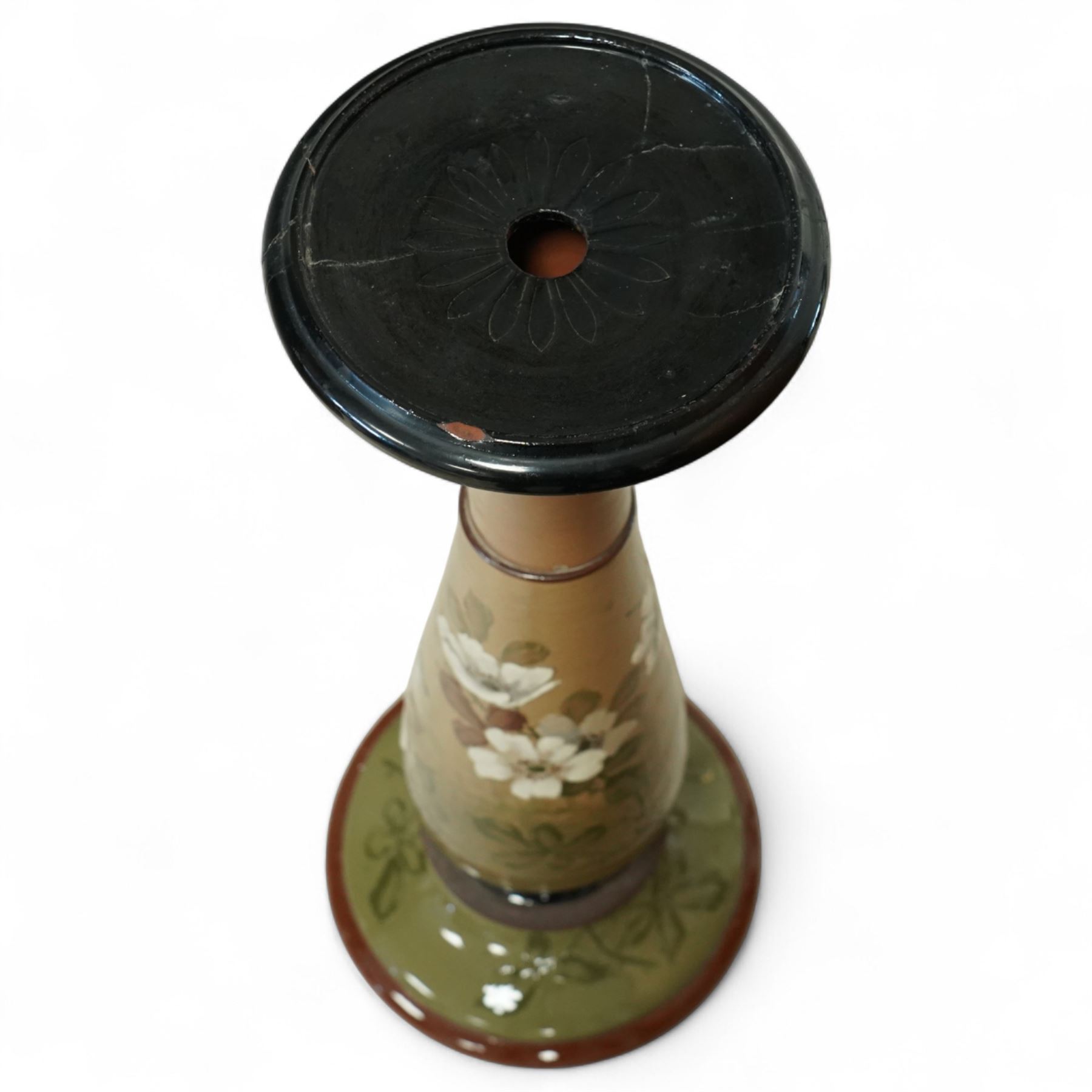 Langley Ware jardiniere and stand, decorated with birds and flowers on a light green ground, overall H93cm 