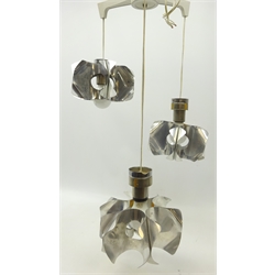  1970s three light chandelier with stylized aluminium shades, H68cm    