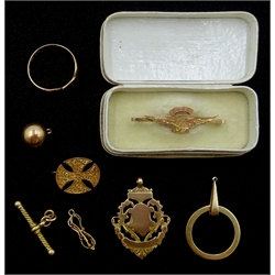  Gold R.N.A.S badge, cross brooch, medallion charms and ring, all 9ct hallmarked, stamped or tested   