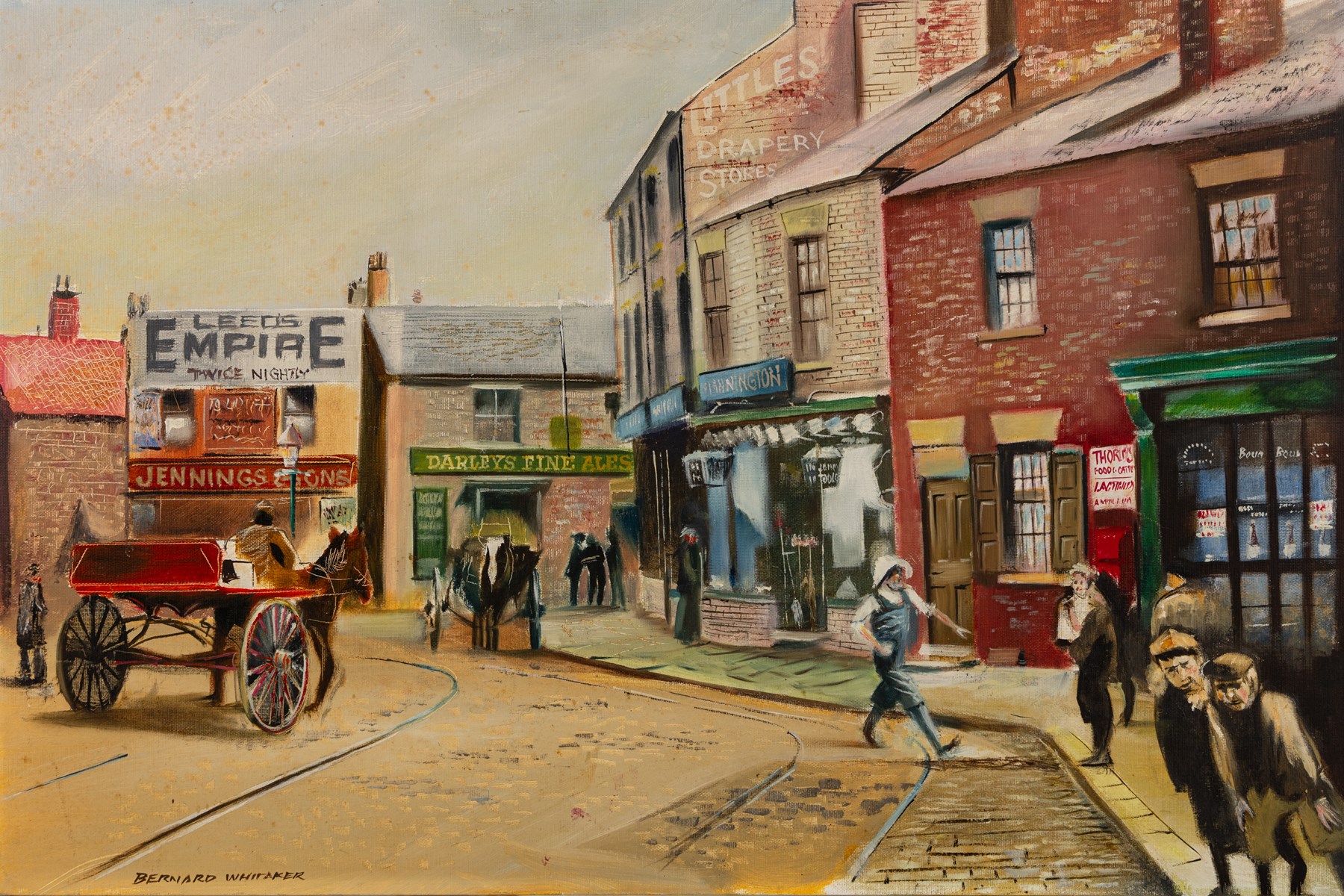 Bernard Whitaker (British 20th century): Horse-drawn Carriages in Castleford, oil on canvas board signed 50.5cm x 76cm (unframed)