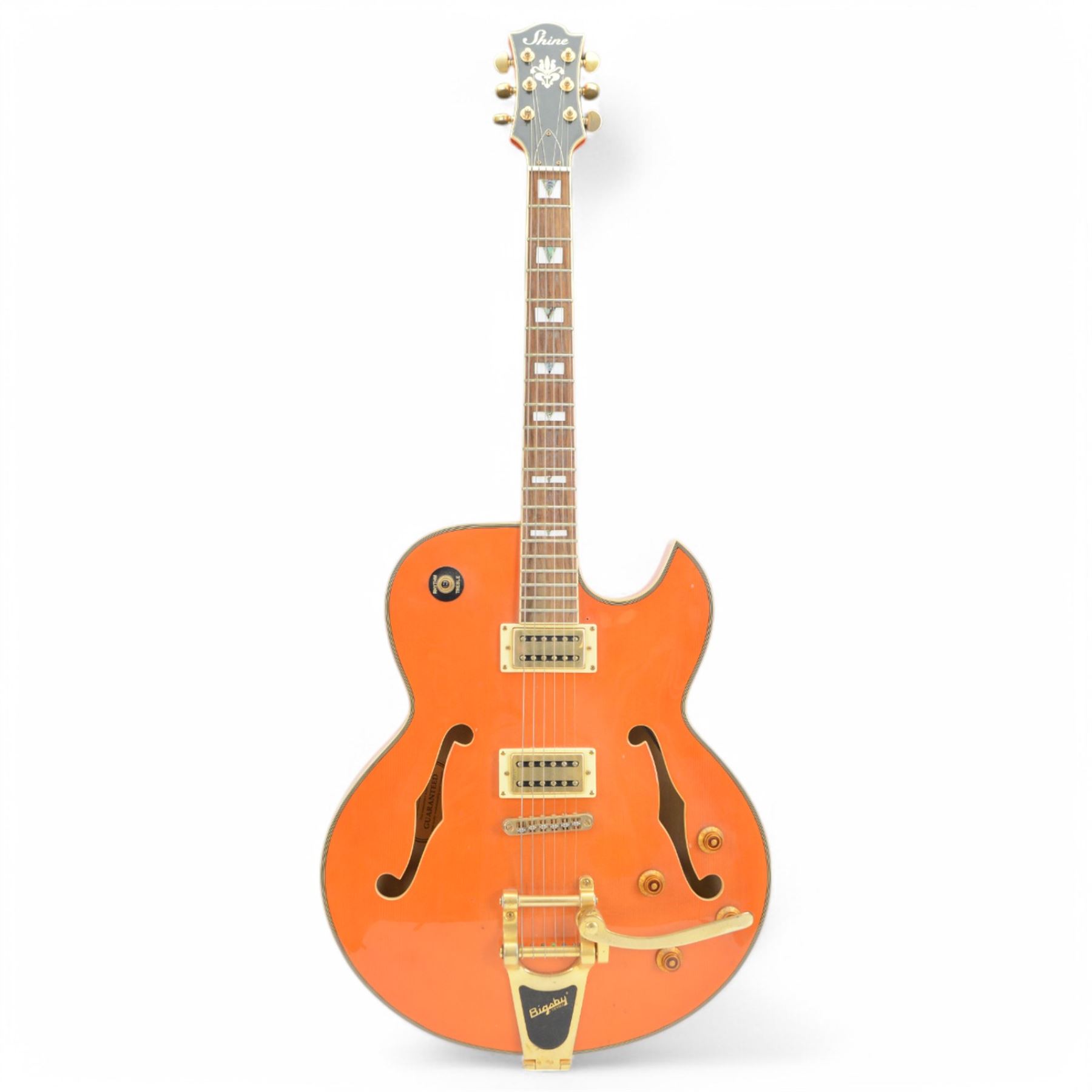 Shine Douglas WNO-675 SO semi-hollow body electric guitar, in orange finish, guitar length 106cm
