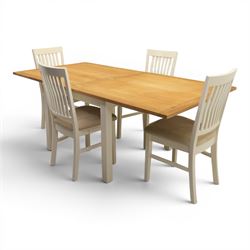 Contemporary Oak fold-over leaf dining table and four chairs, square top extending to a rectangular top 200cm, four white dining chairs with upholstered and padded seats