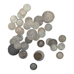 Approximately 180 grams of Great British pre-1920 silver coins, including two James I 1604 sixpences, two George IIII and three Queen Victoria four pences, Queen Victoria 1838 one and a half penny, etc 