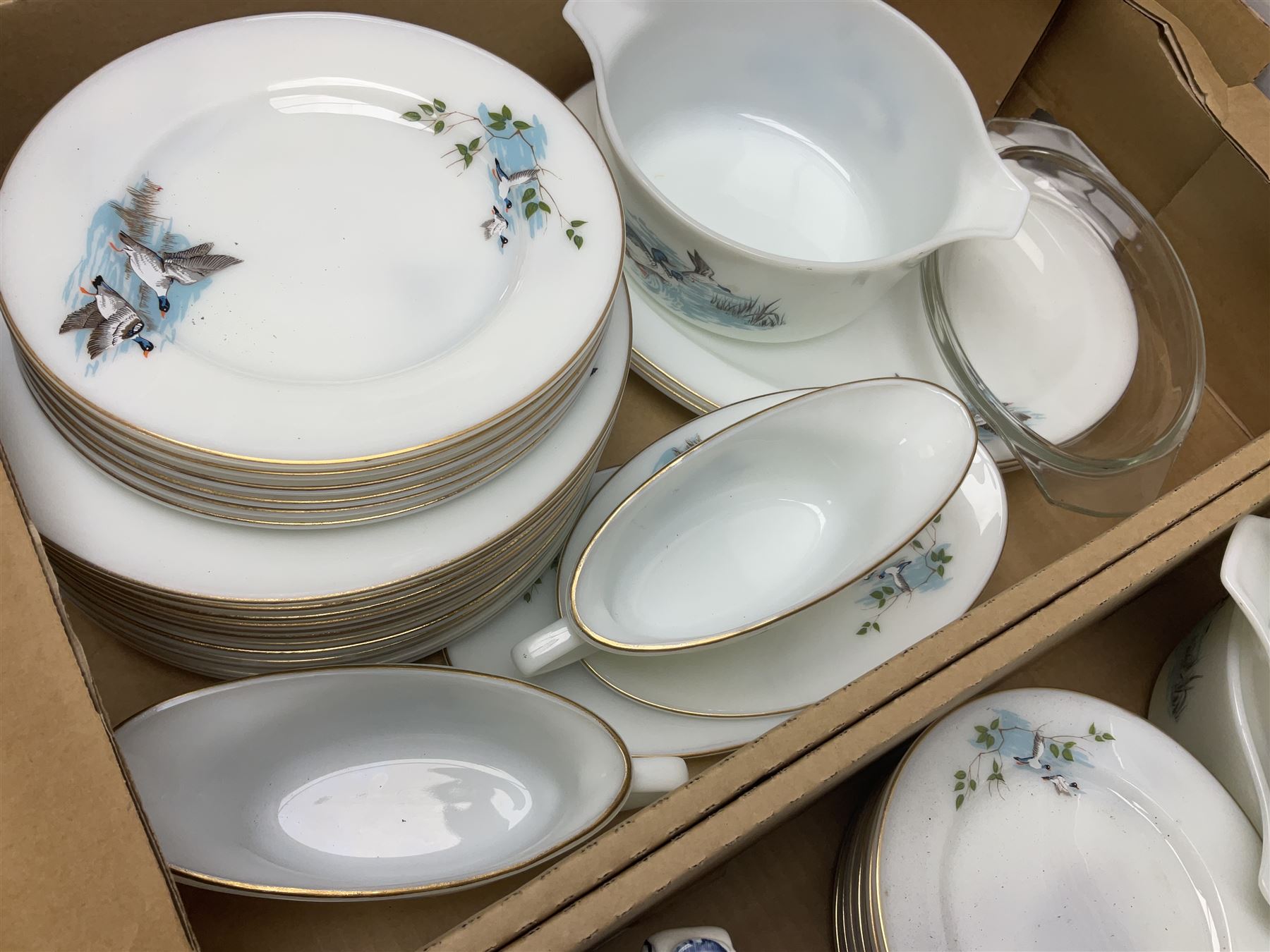 Maling Maltese pattern part dinner wares, including dinner plates, tureens, side plates etc, together with Pyrex dinner wares, decorated in flying duck pattern, Johnson Bros Indian Tree pattern tea and dinner wares and a collection of decorative and calendar plates, etc, in six boxes 