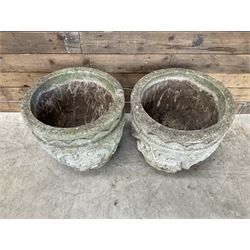Pair of cast stone ornate circular planters