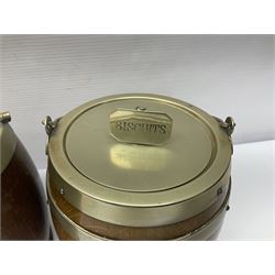 Five early 20th century biscuit barrels with silver-plated mounts, one made from Mahogany from HMS Hindustan