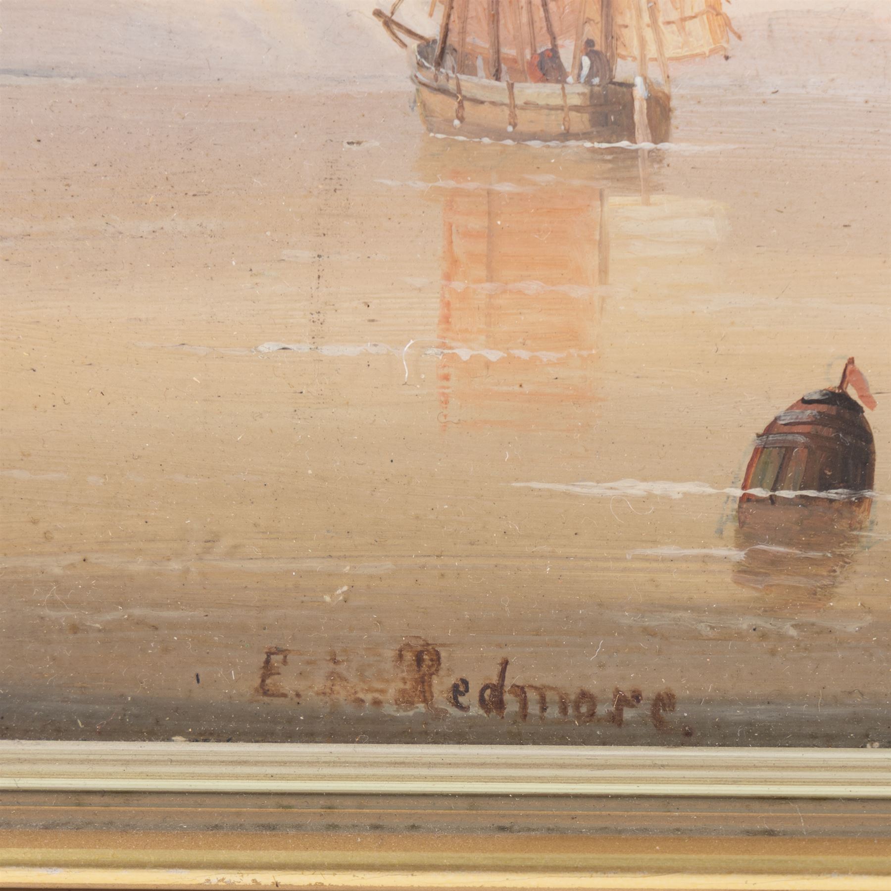 Edward King Redmore (British 1860-1941): Two Boat Scenes with Headlands, two oils on board, together with two further scenes of boats, max 17cm x 18.5cm (4) (one unframed)