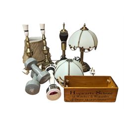 Two pairs of table lamp bases, with two glass shades and two fabric shades, together with a wooden 'Hogwarts' box and dumbbells