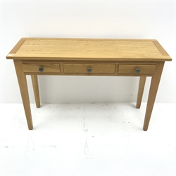 Light oak side table, two short and one long drawers, square tapering supports, W120cm, H77cm, D40cm