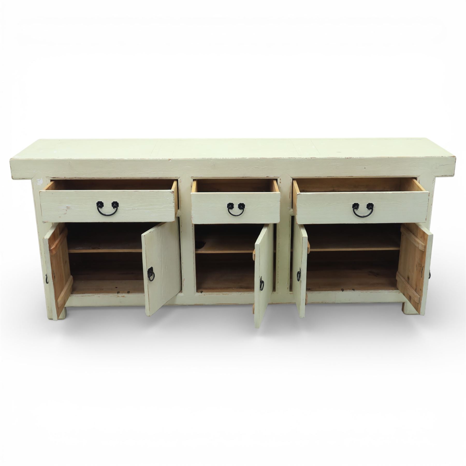 Large painted pine dresser sideboard, fitted with three drawers and five cupboards