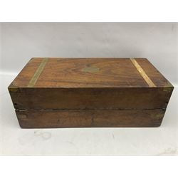 Mahogany brass bound writing box for restoration, the hinged lid lifting to reveal compartmented interior with folding slope, W50cm D25cm H18cm
