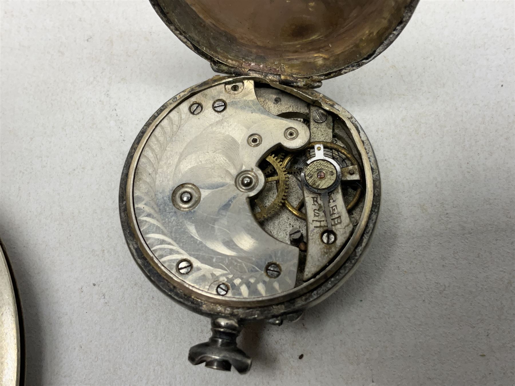 Three silver cased open face pocket watches, together with two other watches, horn pendent etc 