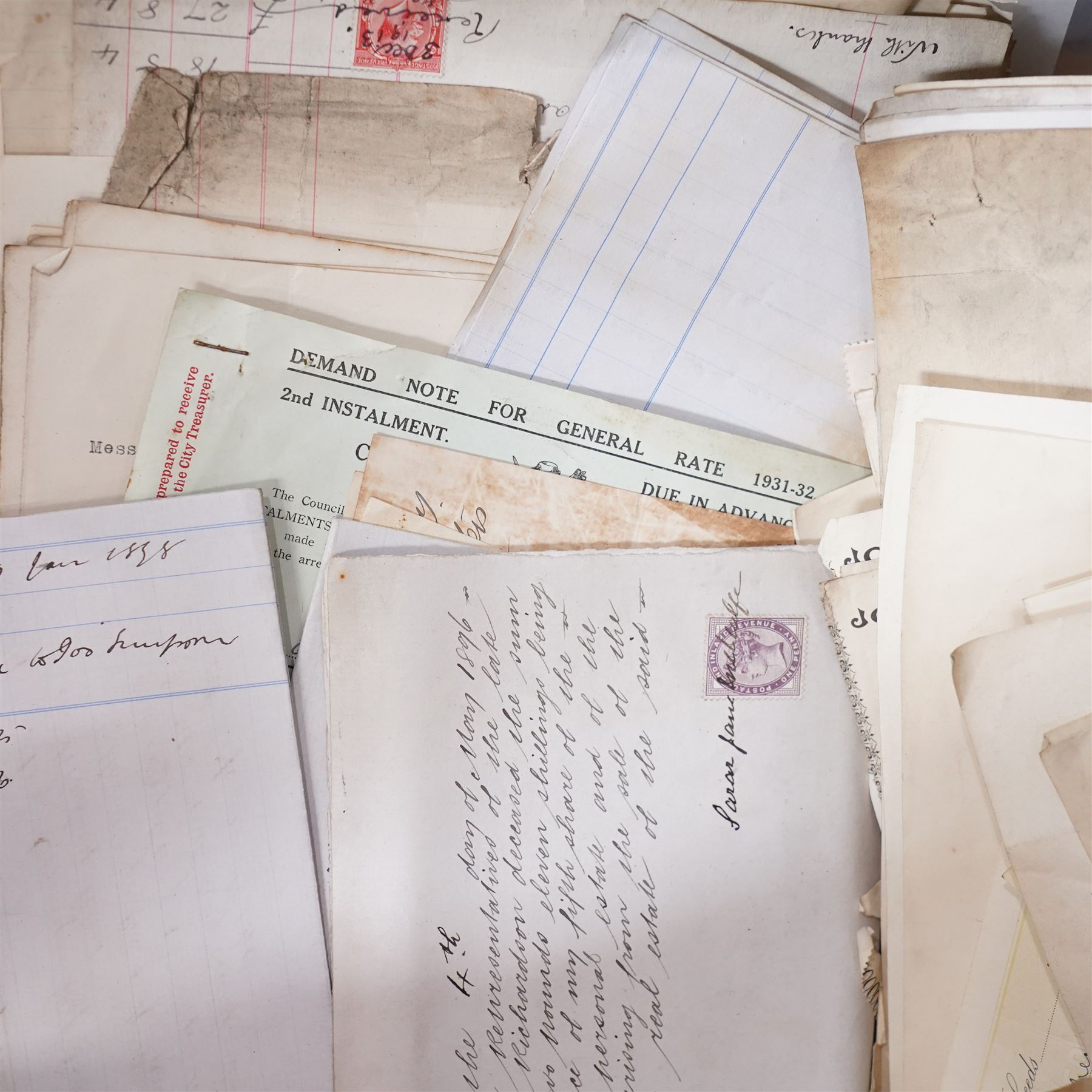 York and Yorkshire postal history and ephemera - large quantity of 19th and 20th century letters, postcards, stamped covers, empty envelopes, receipts, invoices, certificates, solicitor’s papers, estate papers and related ephemera, including York and Yorkshire addresses, Manor of Osbaldwick tithe rent-charge receipt, Joseph Peters & Sons solicitor material, marriage certificates, family correspondence, business invoices, Canadian/Montreal cover and various Victorian and later postal markings and stamps, in four large crates