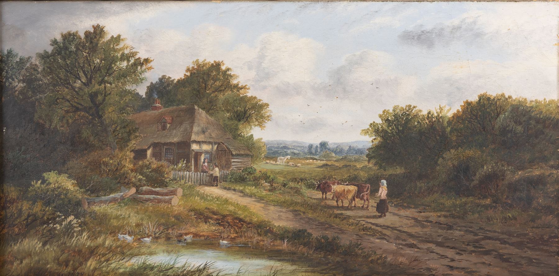 Continental School (20th Century): Harbour Scene, oil on canvas board indistinctly signed 58cm x 78cm; E Atkins (19th Century): Pastoral Scene, oil on canvas indistinctly signed and dated 1879, in gilt frame, 30cm x 60cm (2)