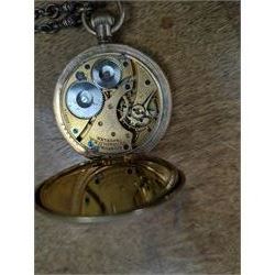 Gold plated Waltham open faced pocket watch, with base metal albert chain and plated bloodstone fob