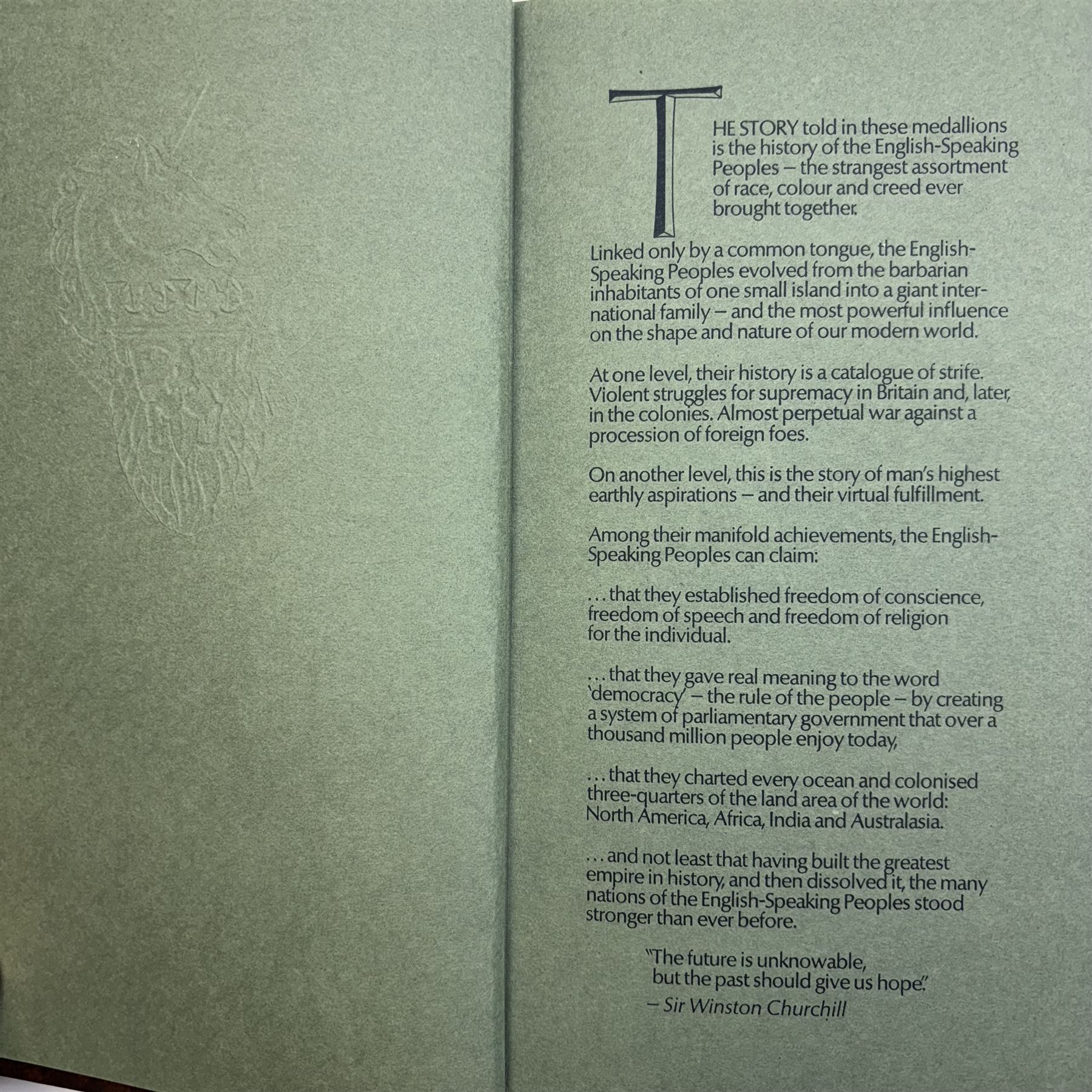 Limited Edition Danbury Mint 'History of the English Speaking Peoples' complete set of fifty silver medallions, each depicting historical figures and scenes from Julius Caesar Lands 55BC to Second World War 1939AD, contained within leatherette folder with personalised presentation to cover and interior, no. 2780/7500