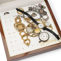 9ct gold cabochon sapphire heart pendant, silver jewellery including stone five stone set rings, silver and enamel fob, locket etc, 9ct gold and silver stone set ring, collection of wristwatches and costume jewellery 