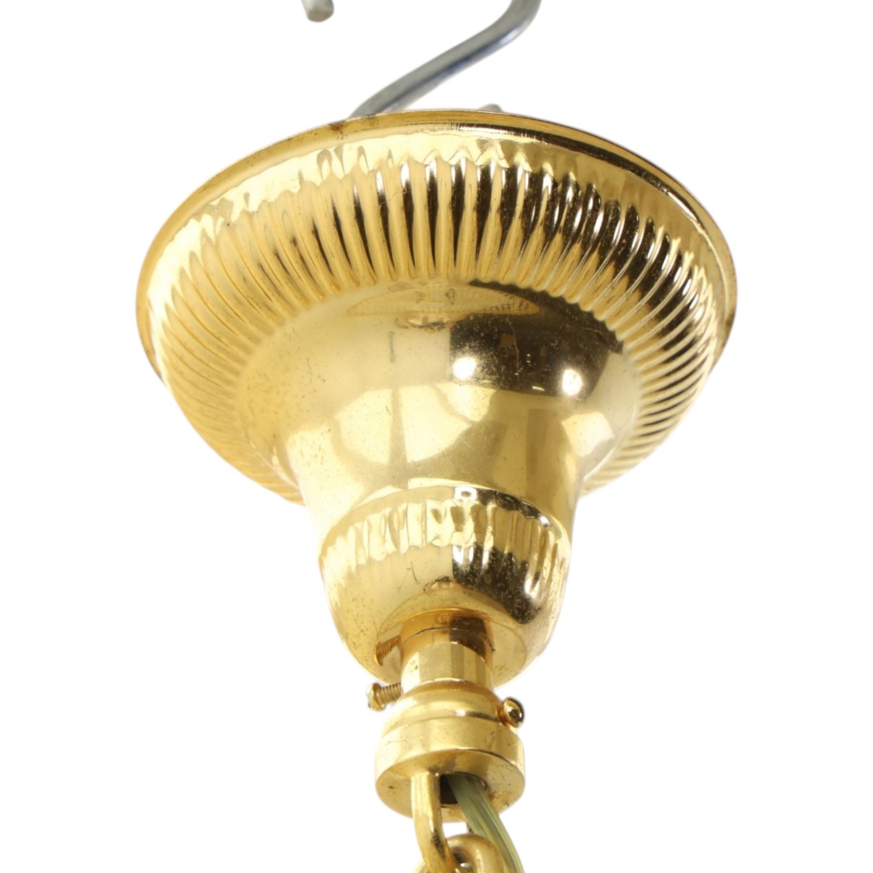 Art Deco style set of two chandeliers, brass and beaded glass, (H 60cm, Di 60cm) (H 75cm, Di 62cm) 