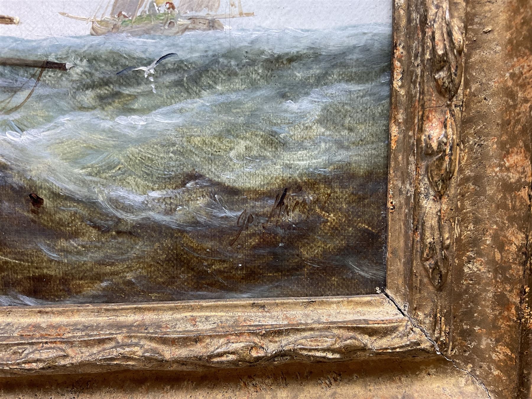 George Knight (British fl.1872-1892): Fishing off the Yorkshire Coast, oil on canvas signed 19cm x 39cm