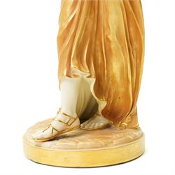 Pair of Royal Worcester figures of female musicians modelled by James Hadley, one with cymbals, decorated in gilt and on circular bases H33cm  