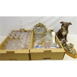  Set of six Royal Doulton crystal wine glasses, matched suit of drinking glasses & decanter, Dartington Crystal shell shaped dish, easel mirror, Naturecraft 'Staffordshire Pride' model, another Staffordshire Terrier model by The Leonardo Collection and other glass and miscellanea in two boxes  