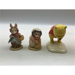 Two Royal Doulton Brambly Hedge figures comprising ‘Mrs Saltapple’ and ‘Poppy Eyebright’, Royal Albert Beatrix Potter ‘Foxy Whiskered Gentleman’ and ‘Mr Benjamin Bunny’, all with boxes, two Border Fine Arts Beatrix Potter figures comprising ‘Mrs Tiggywingle’ and ‘Mrs Rabbit’, Royal Doulton ‘Spike and Tyke’ and ‘Winnie Pooh and Footprints’ both with boxes, all marked beneath