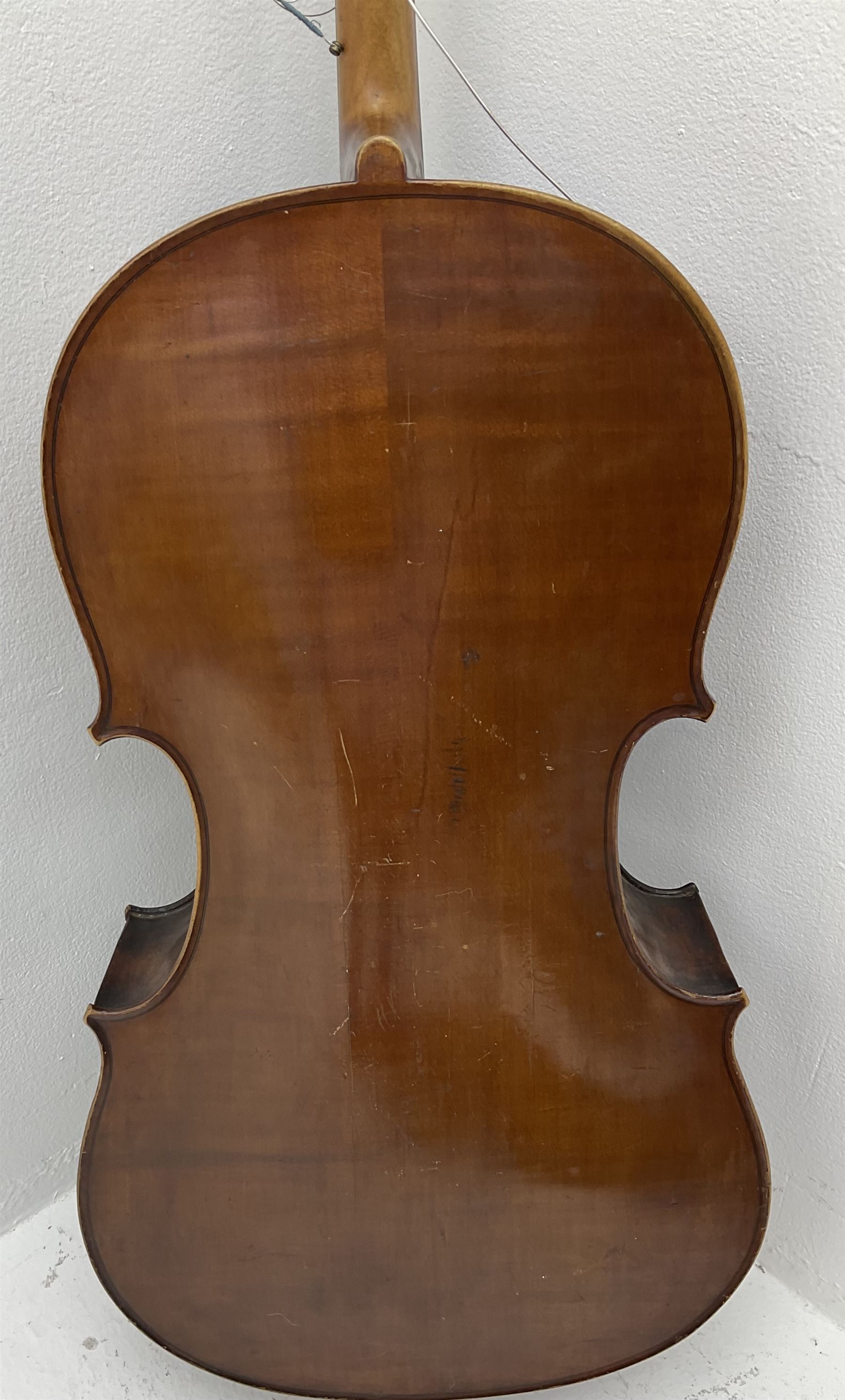 German Saxony three-quarter size cello for restoration, c1920, with 69cm two-piece maple back and ribs and two-piece spruce top, L111cm overall; with bow and canvas carrying case
