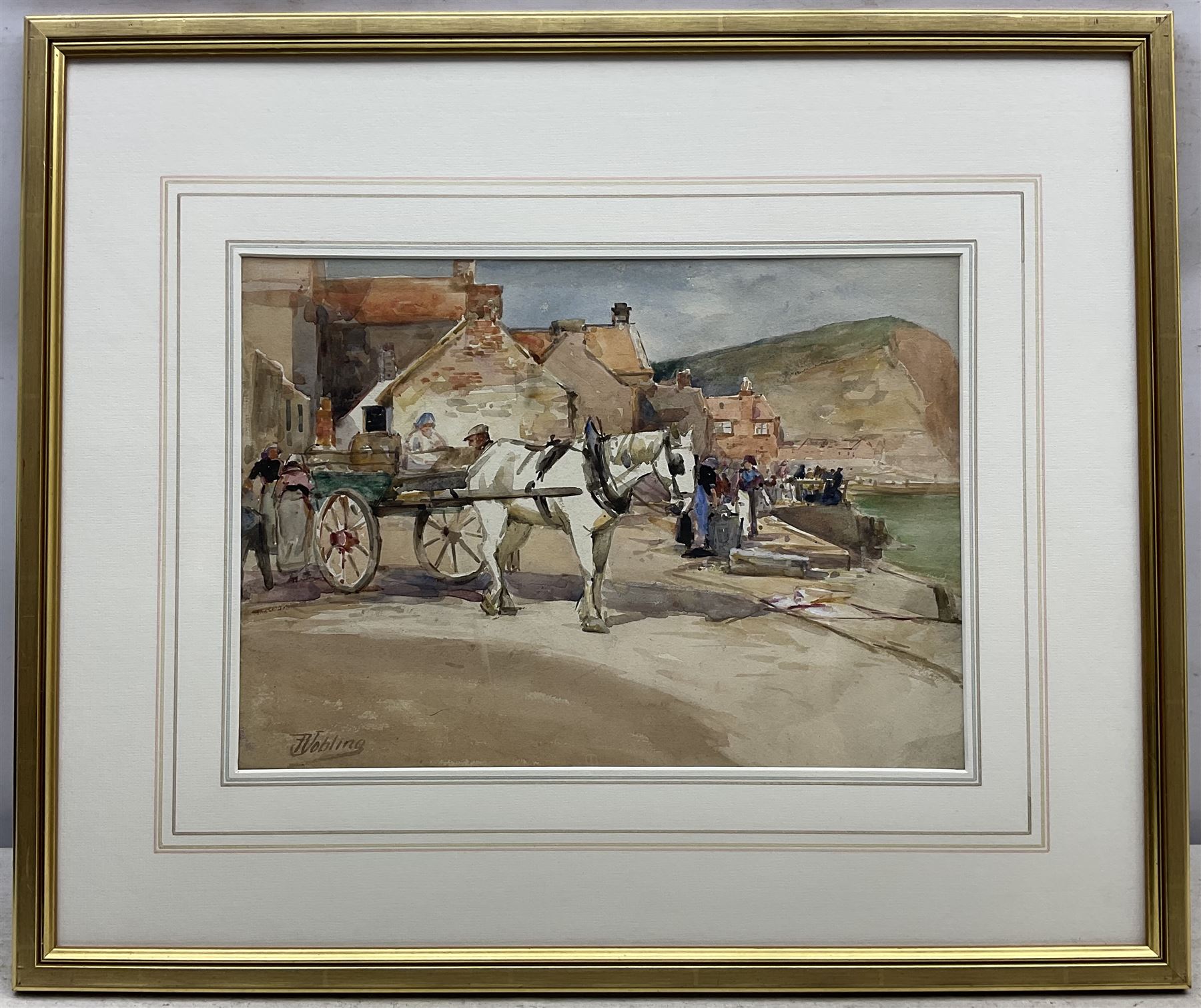 Robert Jobling (Staithes Group 1841-1923): Horse and Cart Waiting for the Boats on Seaton Garth - Staithes, watercolour signed 25cm x 35cm
