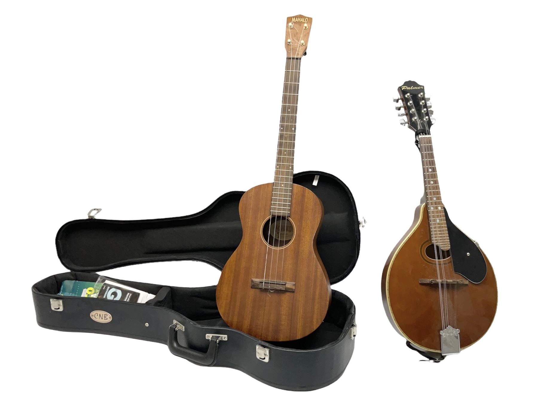 Palmer eight-string mandolin with mahogany back, simulated ivory and mother-of-pearl mounts L67cm; and Mahalo mahogany cased baritone scale ukulele, model no.U320B, L76cm; in hard carrying case (2)